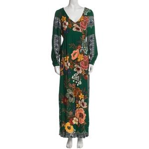 Farm Rio Green floral log sleeved Maxi with side slits and tassel tie back